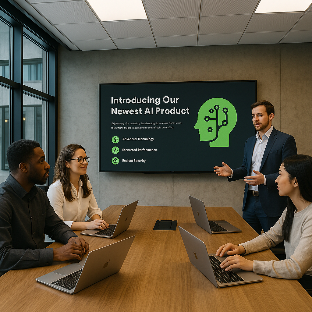 Professional team learning about AI solutions in a business presentation